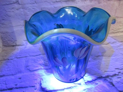 Fenton Heirloom Optics 2003 Blue Ruffled Art Glass Vase Hand Painted Flowers