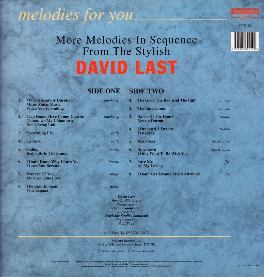 David Last Melodies For You LP vinyl UK Maestro 1993 MTS38 - Image 2 of 3