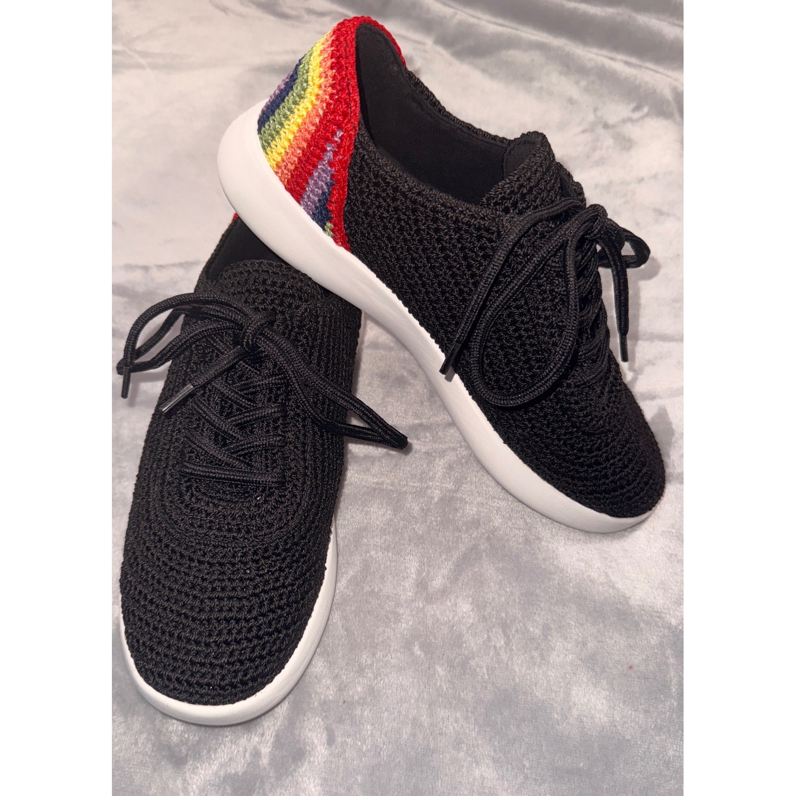 The Sak Women Black Crochet Rainbow Heel Lace Up Sneakers Size 7 NWOT
