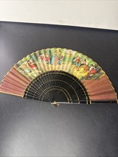 Antique Spanish Hand Made Folding Fan Black Wooden Frame Hand Painted 9"