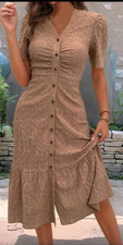 SHEIN Beige Lace Midi A-Line Dress Short Puff Sleeve V-Neck Button M
