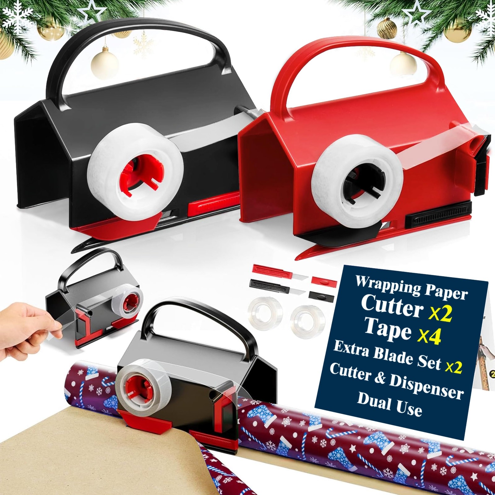 Upgrade 2 Pack Wrapping Paper Cutter &Tape Dispenser Dual Use, Gift Wrap Cutt...