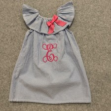 Caught Ya Lookin Blue Seersucker Monogram E Ruffle Dress 18 Months USA Made