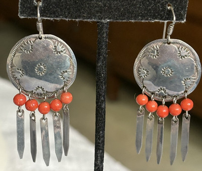 VINTAGE NATIVE AMERICAN NAVAJO STERLING & CORAL HANDMADE DANGLE EARRINGS