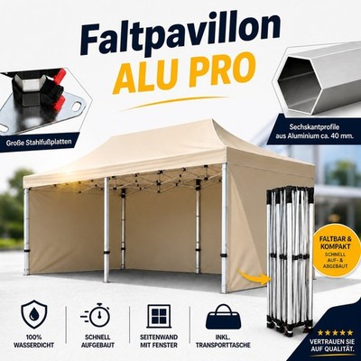 ALU Faltpavillon 3x6m Gartenzelt Popup EasyUp blau beige HEXAGON PROFIL 40mm !!!
