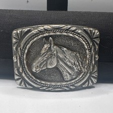 EGE ©93 Western Americana Horse Head Belt Buckle Made in USA Silver Tone Vintage