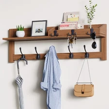 Coat Rack Wall Mount with Shelf, Wooden Entryway Wall Mounted Hanging Brown