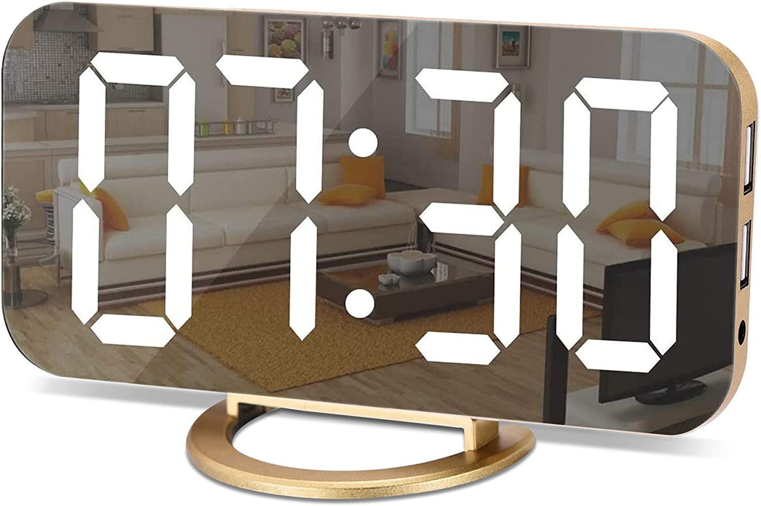 Digital Alarm Clock with Large LED Mirror Display and Dual USB Charging