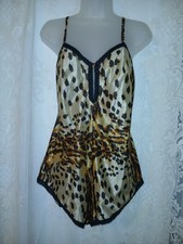 Vintage 80s Leopard Silky Soft Nylon Lace Teddy Snap Crotch Bodysuit Lingerie L