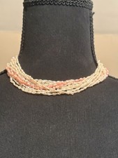 Vintage 14k Gold Clasp Freshwater Rice Pearl Necklace 10 Strand 16" Ivory & Pink