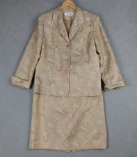 Suit Studio 2PC Beige Floral Metallic Brocade Jacket Skirt Suit Set Size 14