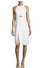 HALSTON HERITAGE HIGH NECK SLEEVELESS WITH WAIST CUTOUT DRESS, IVORY, SIZE 8