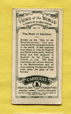 tobacco gibraltar 1927 CARRERAS VIEWS OF THE WORLD TOBACCO CARD #17 THE ROCK OF GIBRALTAR