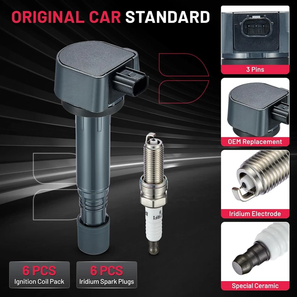 6 Ignition Bobinas Pack UF624 and Spark Plugs Fits 2009-2015 Honda Pilot 3.5L V6 - Image 2 of 4