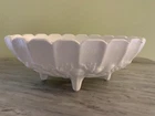 VINTAGE MILK GLASS FOOTED FRUIT BOWL OVAL WITH SCALOPPED EDGE