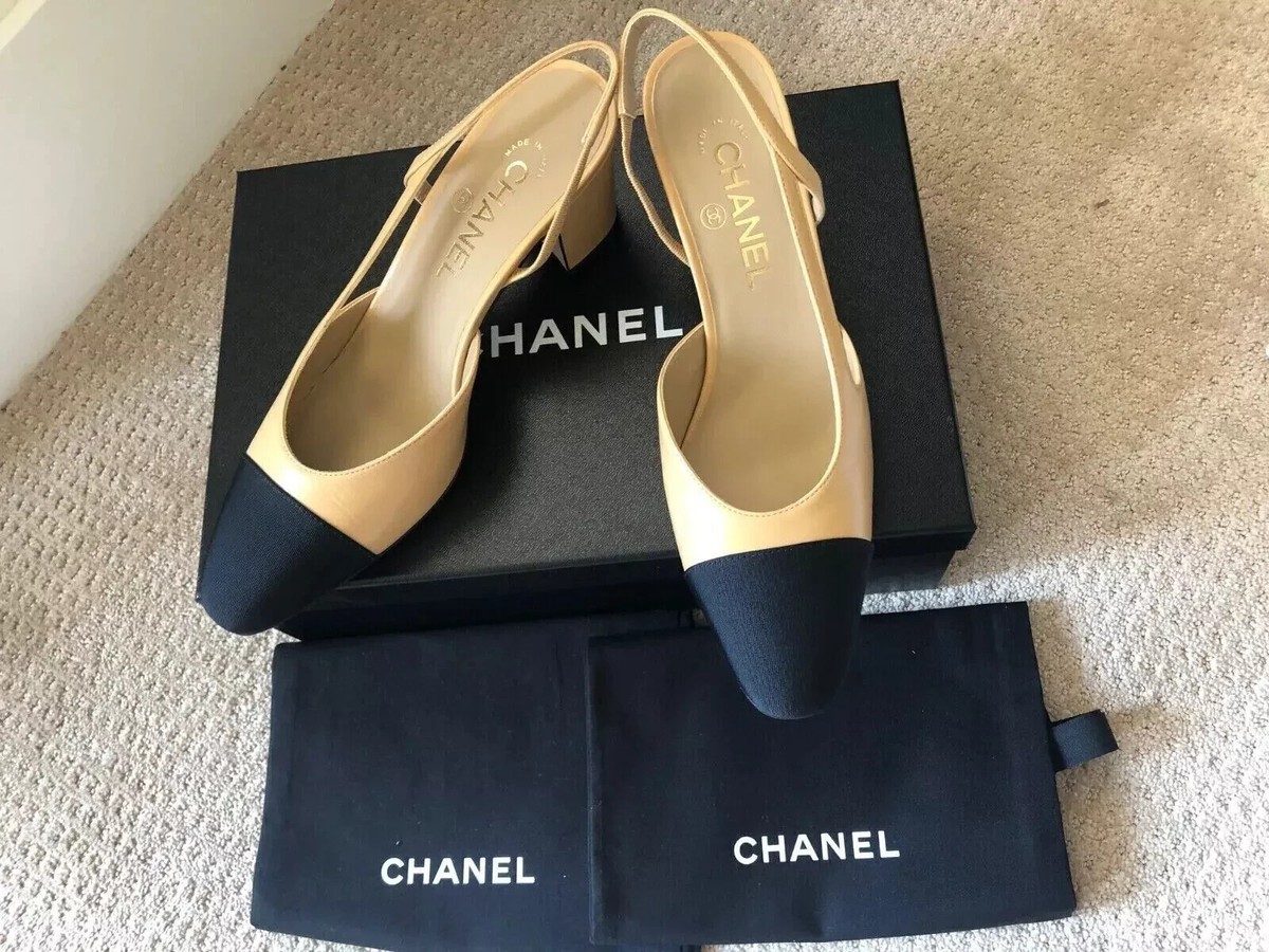 New Size 36.5 Chanel Beige/Black Goatskin Cap Toe Slingback Pumps