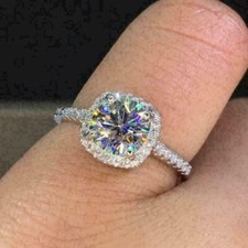 Cushion Cut 2.35Ct Diamond 14k White Gold Halo Engagement Ring Simulated Size 6