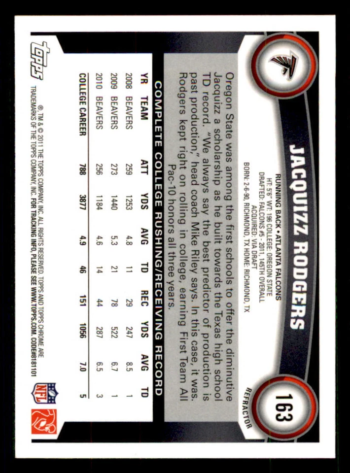 2011 Topps Chrome Refractors #163 Jacquizz Rodgers - Image 2 of 2