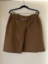 LANDS' END Brown Silver Hook Clasp Elastic Faux Wrap Cotton SKIRT 12P pre-owned