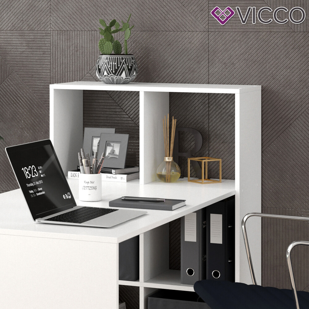 Bureau Vicco Emir blanc, bureau informatique avec tablette, étagère, séparateur