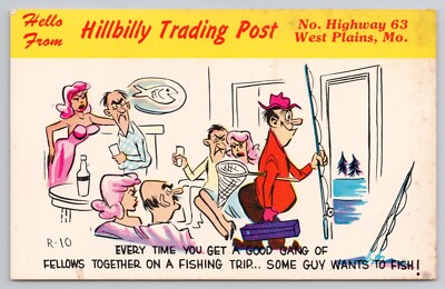 Hello From Hillbilly Trading Post West Plains MO 1970s Humor Postcard Fishing