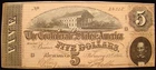 1864 CONFEDERATE $5.00 NOTE FROM F.W.MAHOOD ESTATE. OTEY'S BATTERY. CIVIL WAR.