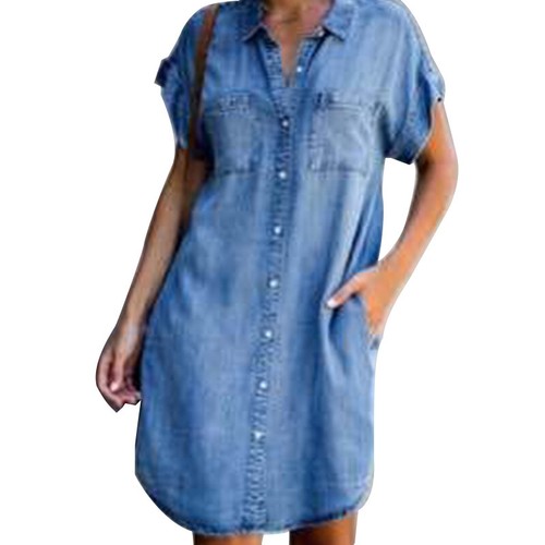 Womens Buttons Denim Mini Shirt Dress Ladies Summer Casual Loose Long Jean Tops‹ - Picture 9 of 14