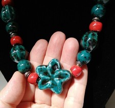 Ceramic Necklace Flower Ceramic Bead Round Green-Red adjustable length needed