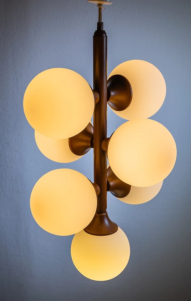 Colgante Stilnovo Moderno KAISER ART DECO Marrón con 7 Globos de Vidrio Ópalo Blanco Foto 2 de 4