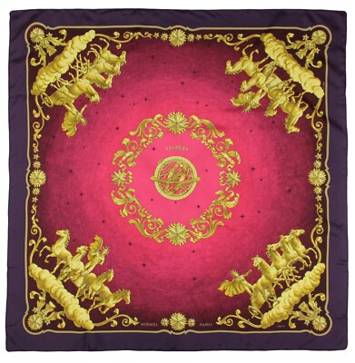 Hermes Bordeaux Cosmos 90cm Silk Scarf designed by Philippe Ledoux