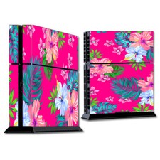 PS4 Playstation console skins decals wrap - Pink Neon Hibiscus Flowers