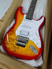 Ship from US ST Style ElectricGuitar Red Sunburst Burl Top HSS Pickups FR Bridge