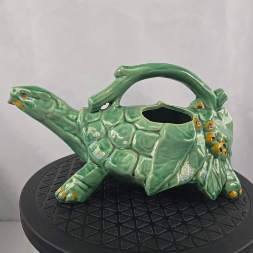Vintage McCoy Turtle Watering Can Planter Green Ceramic Figural MCM USA Pottery