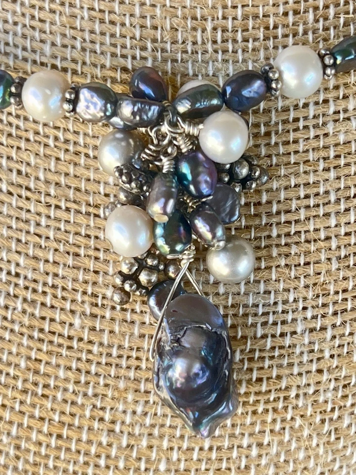 Vintage Sterling Silver Peacock Pearl Necklace Genuine Baroque Luminescent - Image 3 of 4