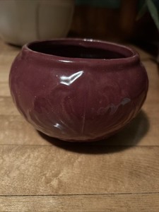 Vintage Zanesville Pottery Plum Burgundy Round Planter Embossed With Design 