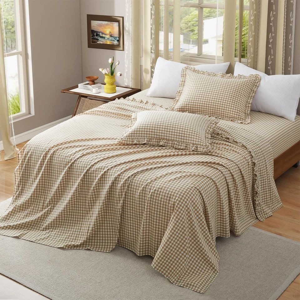 4 Pieces Plaid Ruffle King Size Sheets Set, Cotton Gingham King Sheet Set Lin... - Image 2 of 4