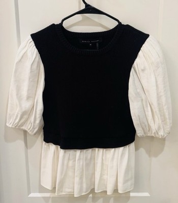 ENGLISH FACTORY Black White Puff Sleeve Ruffle Tunic Blouse XS