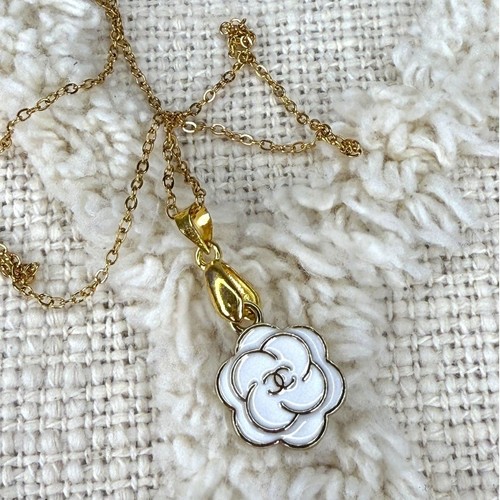 Authentic Chanel Charm Necklace White camellia Flower With The CC