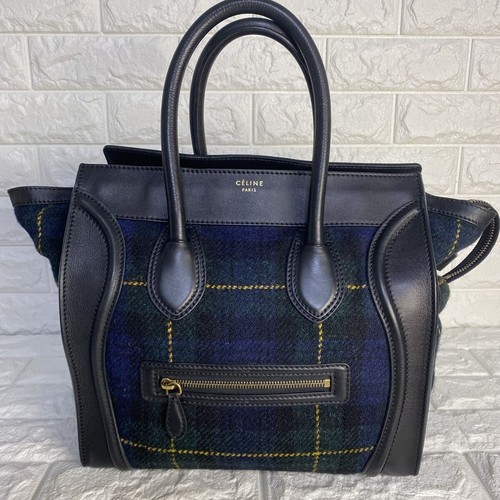 Celine Luggage Tote Bag Black Leather Wool Check Handbag Phoebe Era