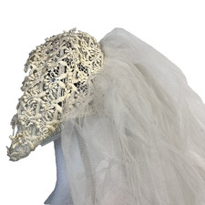 Vintage Ivory Blusher Bridal Veil 26" Lace Beaded Cap Headpiece 40's 50's 60's