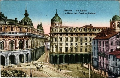 Old postcard AK Genoa via Dante and Sede del Credito Italiano Italy (1499861)