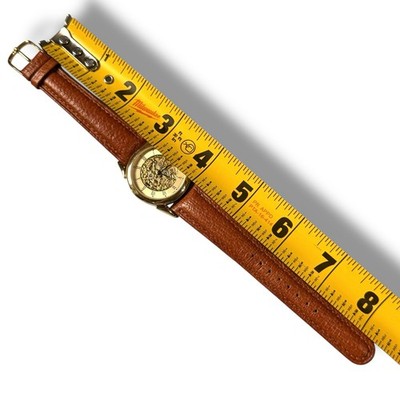 VTG Express Watch Mens Gold Tone Quartz Skeleton Dial Brown 