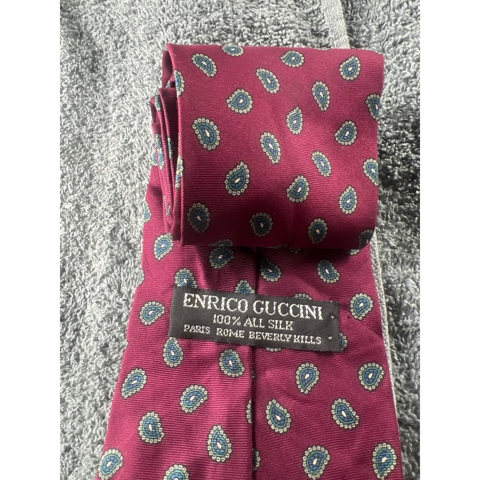 Corbata de cuello Enrico Guccini 100% seda borgoña cachemira hecha a mano Italia Foto 3 de 4