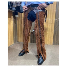 Men Western Handmade Suede Leather Chaps Cowboy Fringe Horse Riding  Rodeo Gear