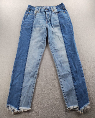 American Eagle Women's Jeans Blue Size 8 Vintage Mid Button Fly Raw Hem Two Tone