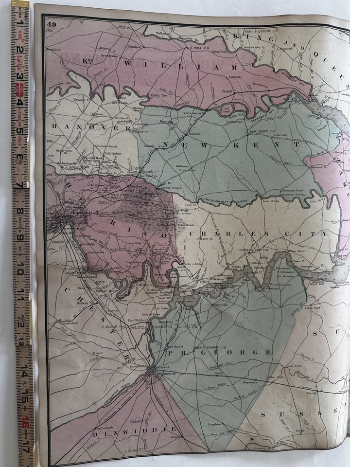 Richmond Virginia Guerra Civil Campaña Peninsular 1870 Johnson mapa grande Foto 3 de 4