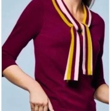 Women s Boden Maroon Ellie Tie Neck Wool Blend 3/4 Sleeves Pullover Sweater - 4