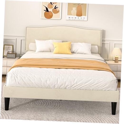 Queen Bed Frame Platform Bed Frame with Upholstered Headboard, Strong Frame