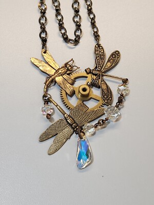 Dragonfly necklace brass toned and AB crystal two chain