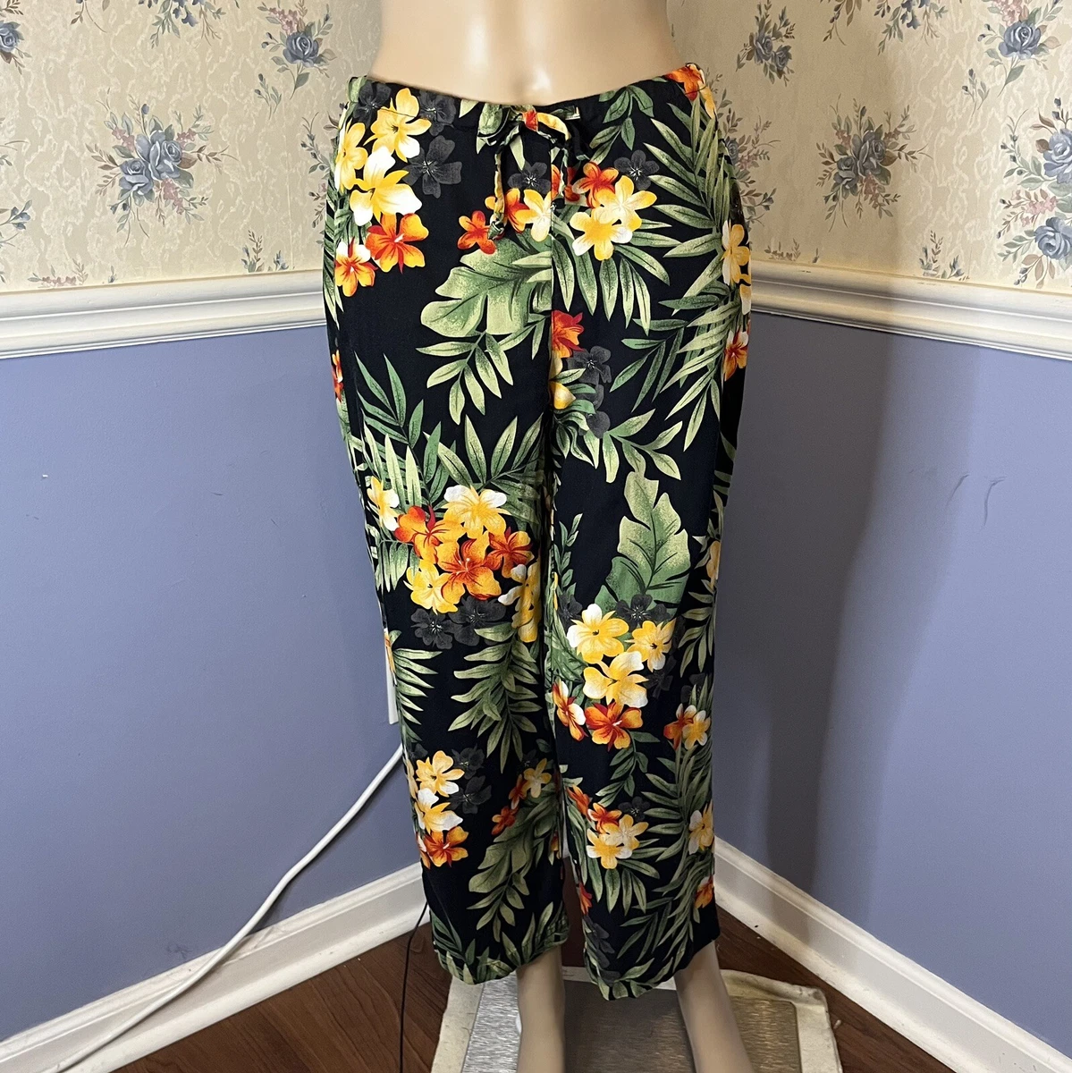 White Stag Black Tropical Floral Hawaiian Print Casual Pants, Size S